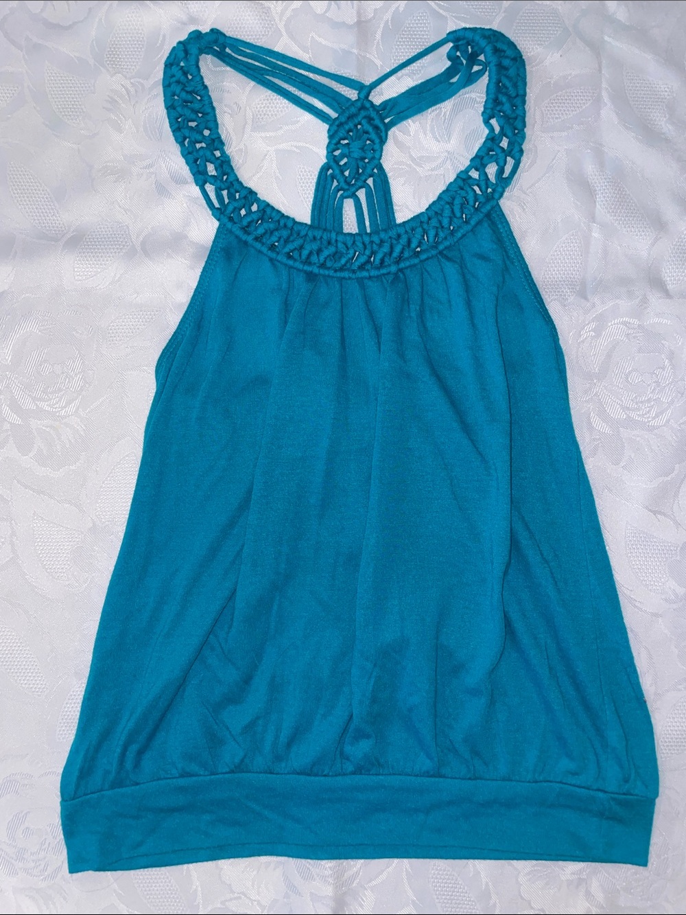 Teal Crochet-Trim Halter Tank Top